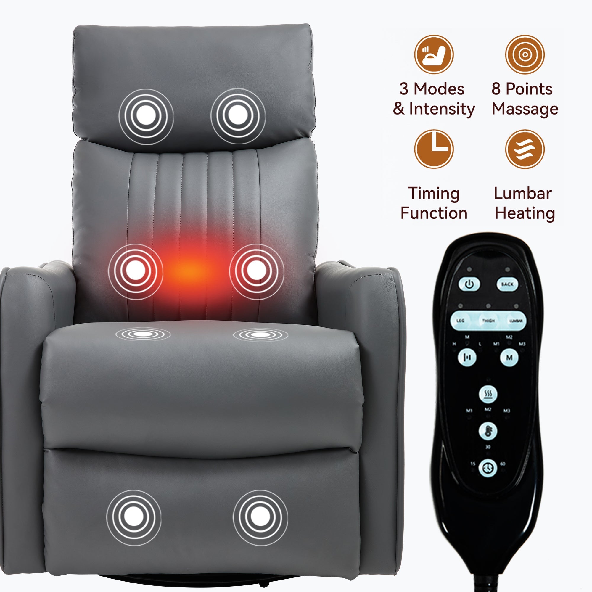 Grey Faux Leather Heat Massage Manual Recliner Chair with Rocker and Swivel for Living Room