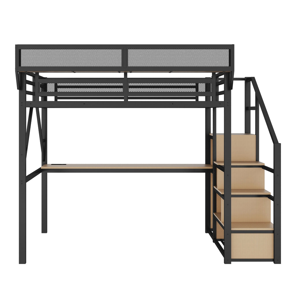 Full Loft Bed with Desk and Charging Station, Full Size Metal Loft Bed with Stairs and Light for Kids Teens, Black, Patent Products