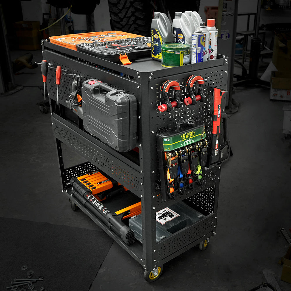 3-Tier  DIY Detachable Utility Cart Storage Tool Cart With Steel Pegboard, Foldable Rolling Tool Cart with Wheels For Garage Organizer and Tool Storage