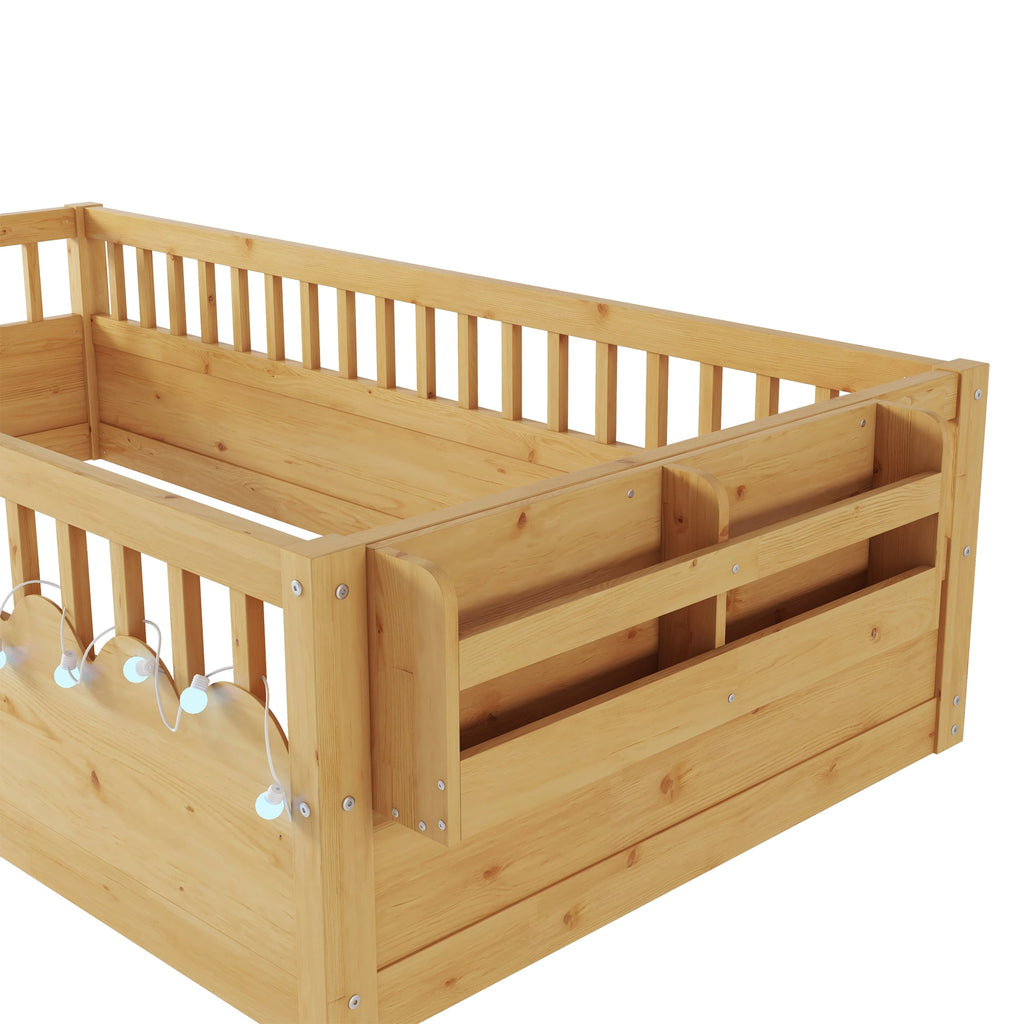 Twin Montessori Floor Bed Frame with High Rails, Wood Kids Floor Beds with Light and Storage Shelf, Natural (Expect Arrival Date 2025/8/15)