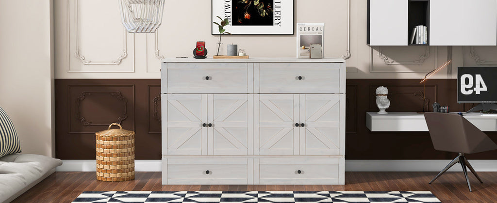 Queen Size Murphy Bed with Large Drawers & USB Ports,Brushed White