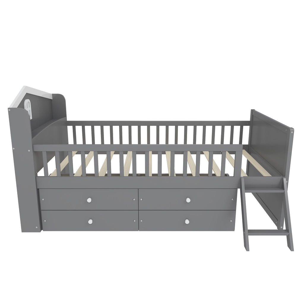 Twin Bed Frame with Storage 4 Drawers,Wooden Bed Frame for Kids,Platform Twin Size Bed with Guardrail Headboard and Ladder, No Box Spring Needed, Easy Assembly, Gray
