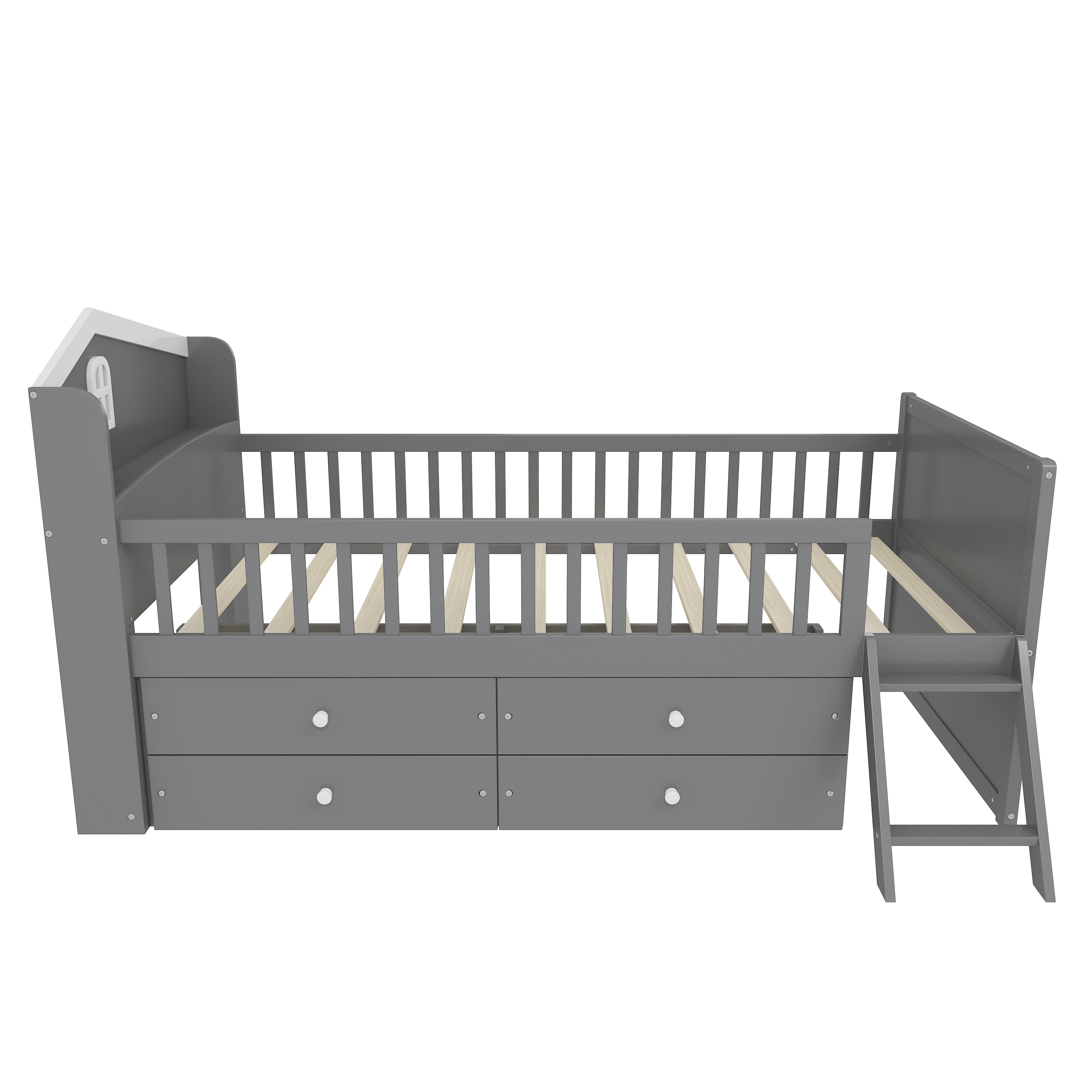 Twin Bed Frame with Storage 4 Drawers,Wooden Bed Frame for Kids,Platform Twin Size Bed with Guardrail Headboard and Ladder, No Box Spring Needed, Easy Assembly, Gray