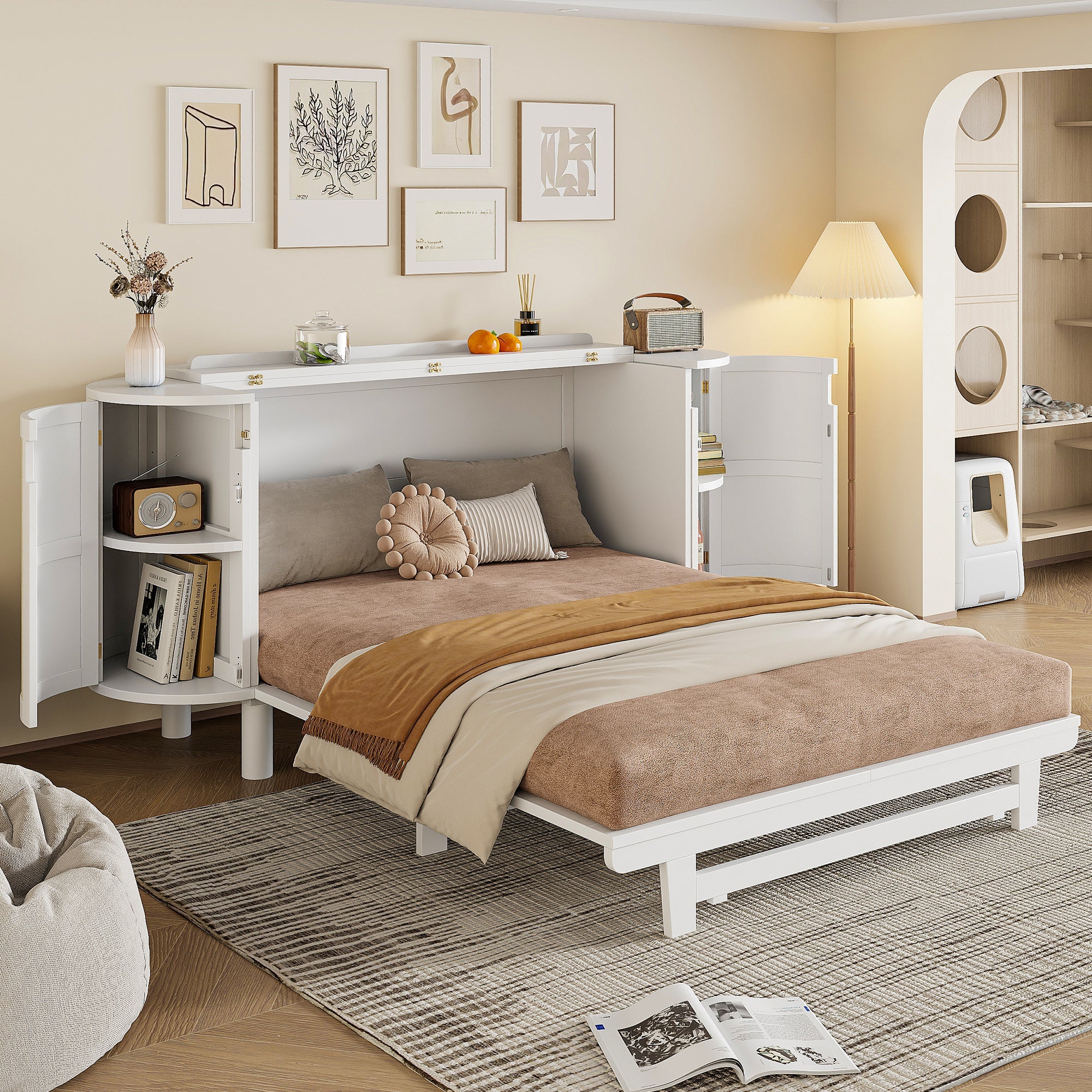 Queen Murphy Bed with Hidden Storage & Modern Woven Design,White