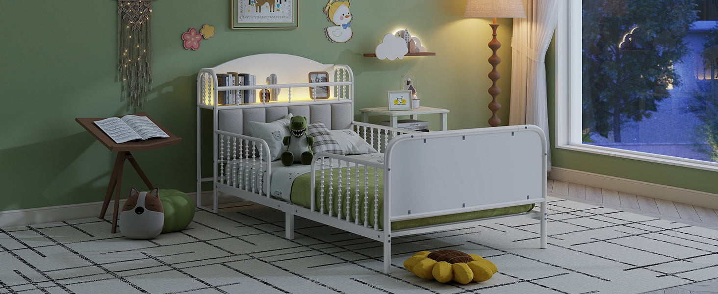 Twin Size Metal Platform Bed Frame with Light, Kids Twin Metal Bed with Upholstered and Storage Headboard, White (Expect Arrival Date 2025/10/5)