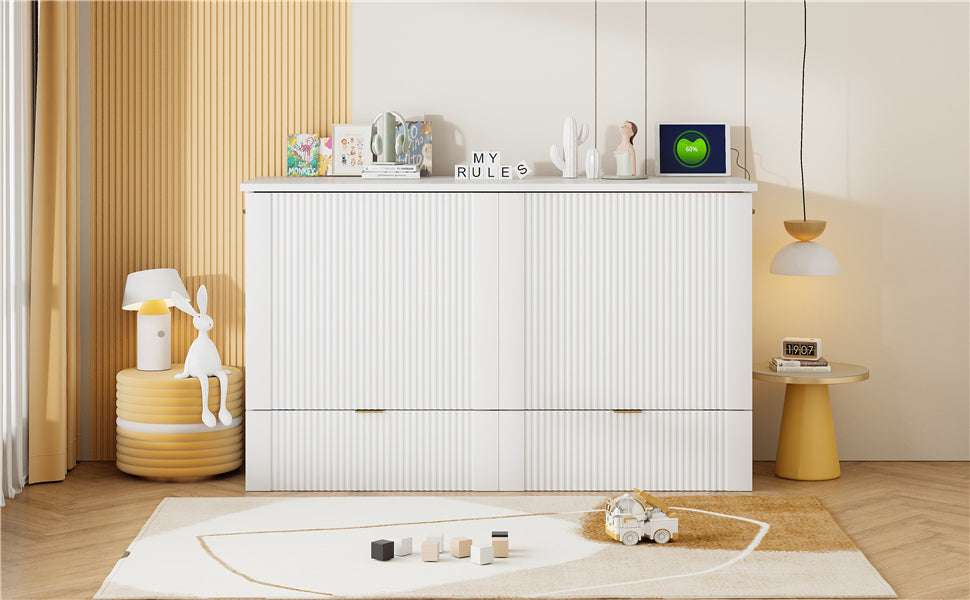 Queen Size Murphy  Bed with drawer and a set of Sockets & USB Ports, Pulley Structure Design, White