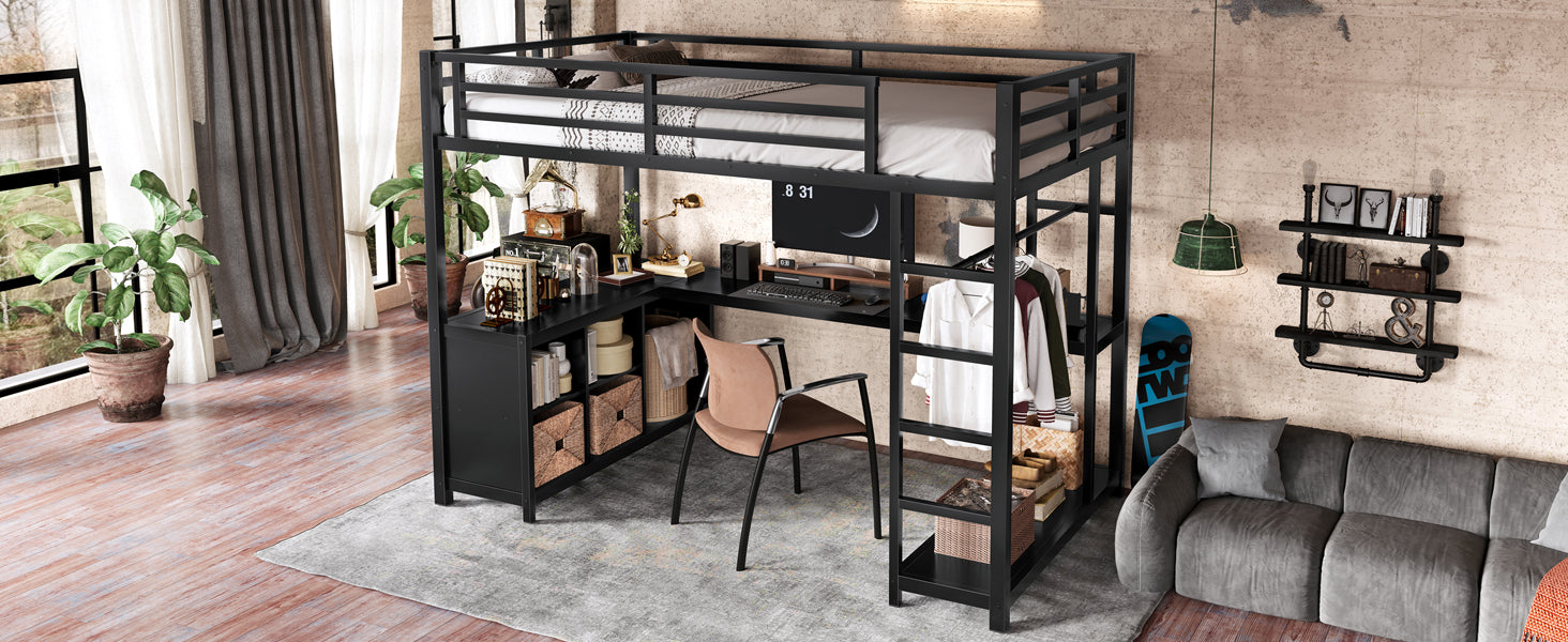 Metal Loft Bed with Wardrobe and L-shaped Desk, Twin XL Size Loft Bed with Storage Cubes and Shelves, Loft Bed for Kids Teens Adults, Black