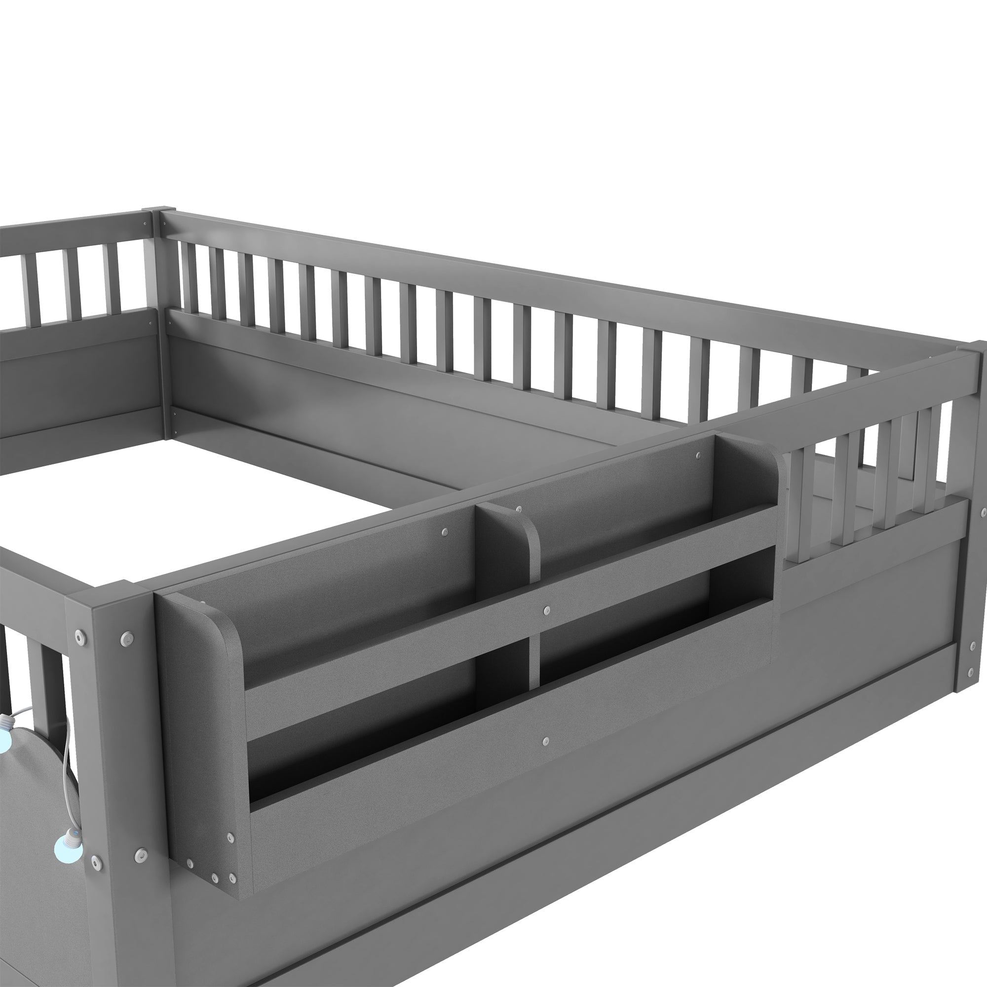 Full Montessori Floor Bed Frame with High Rails, Wood Kids Floor Beds with Light and Storage Shelf, Gray(Expect Arrival Date 2025/8/15)