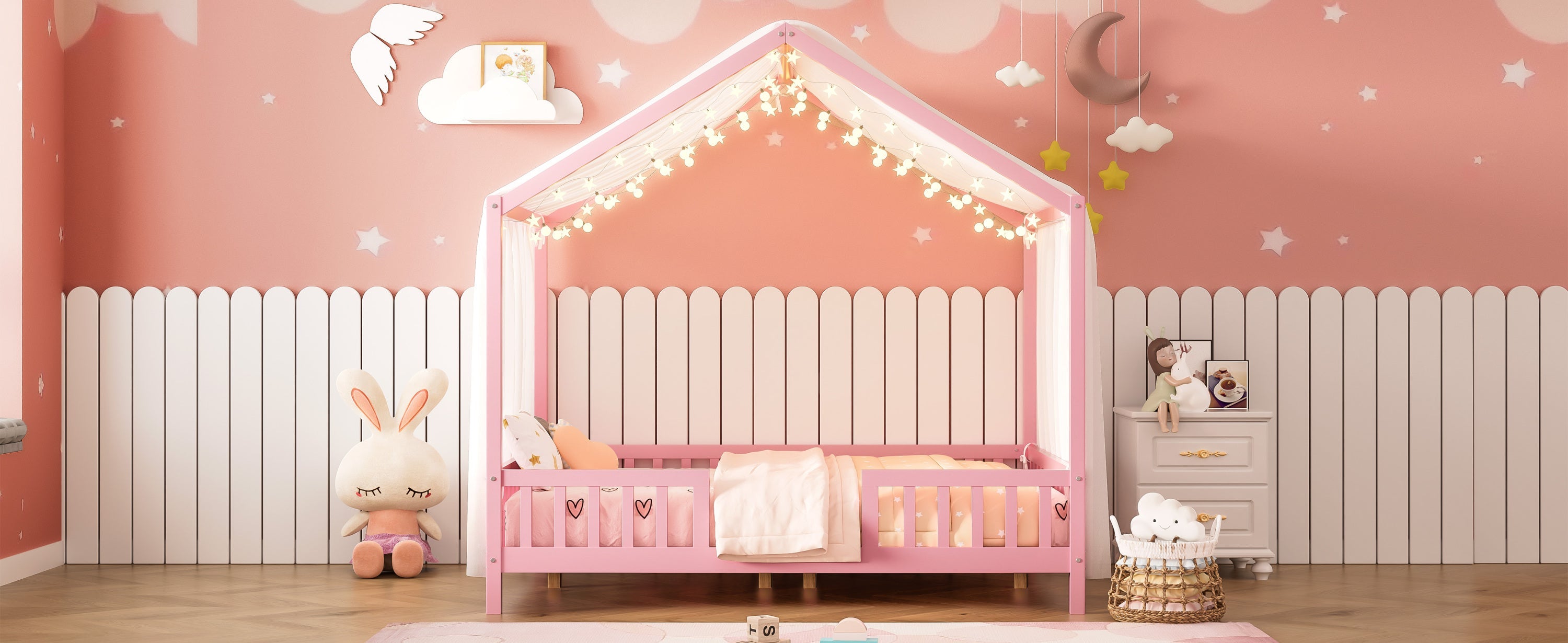 Montessori Floor Bed with Canopy, Full Bed Frame for Kids, House Shape Kids Bed Frame with High Railings, Wood Kids Bed with Roof, Kid Full Bed, Pink