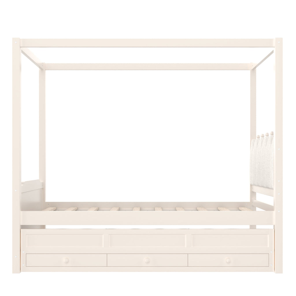 Twin Platform Bed with Upholstered Headboard,Twin Size Trundle and 3 Drawers,Princess Canopy Bed Frame for Kids,Storage & Easy Assembly,Beige