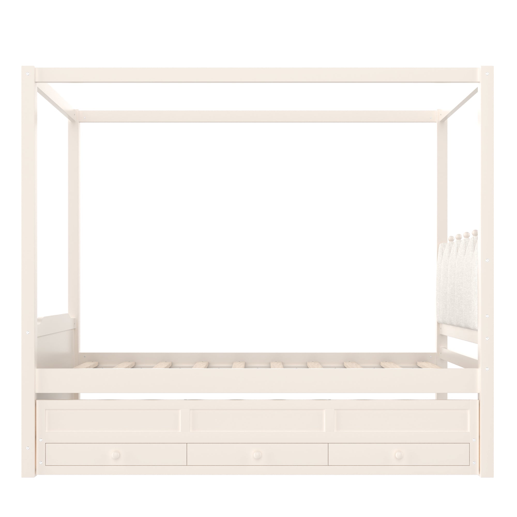 Twin Platform Bed with Upholstered Headboard,Twin Size Trundle and 3 Drawers,Princess Canopy Bed Frame for Kids,Storage & Easy Assembly,Beige