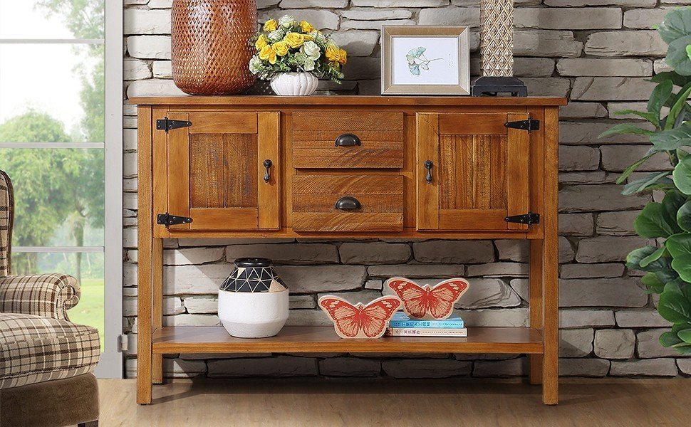 48'' Solid Wood Sideboard Console Table with 2 Drawers and Cabinets and Bottom Shelf, Retro Style Storage Dining Buffet Server Cabinet for Living Room Kitchen Dining Room(Brown)