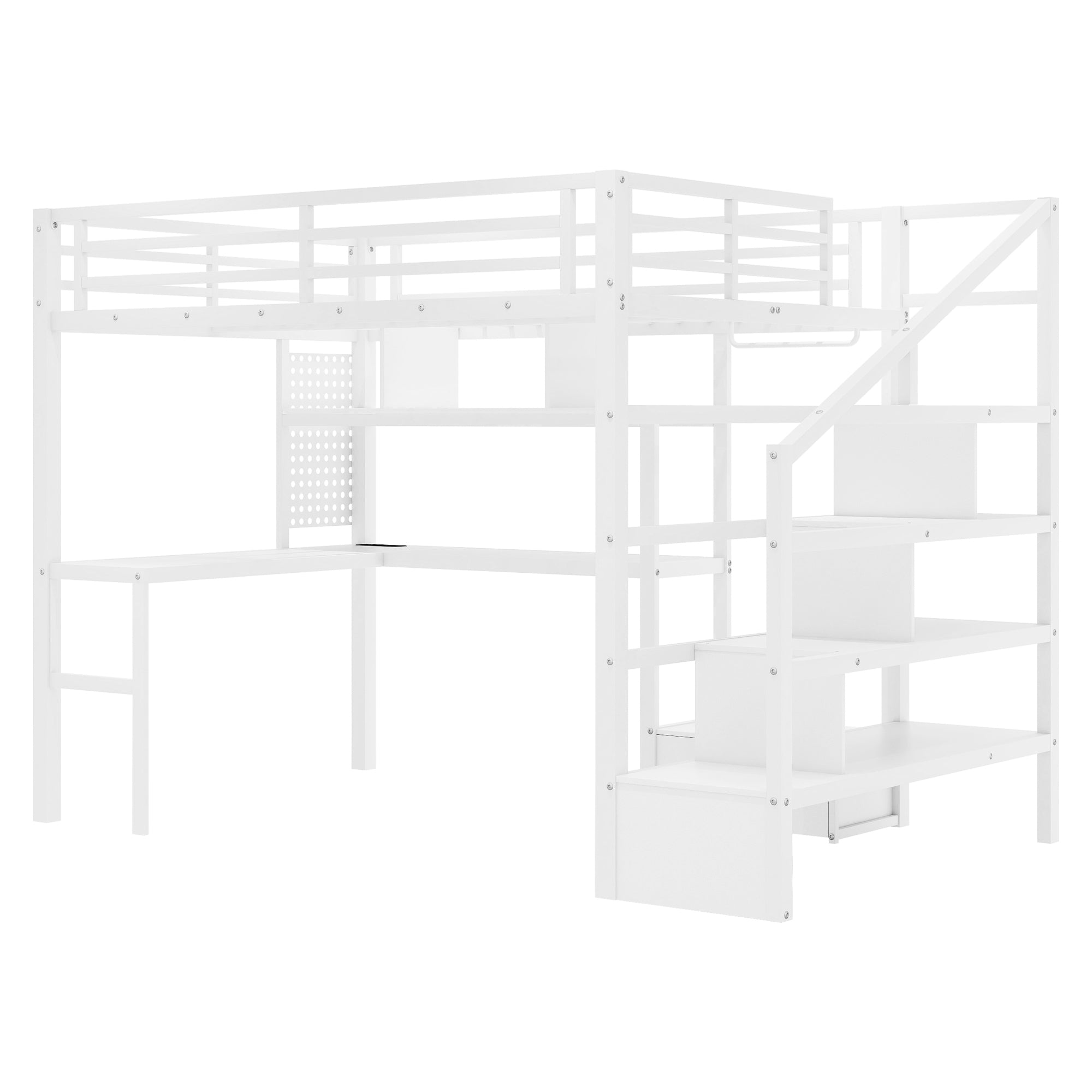 Full Size Loft Bed with LED Light & Charge Station, Metal Loft Bed with Desk and Staircase, Loft bed with Wardrobe for Kids, White (Expect Arrival Date 2025/4/30)