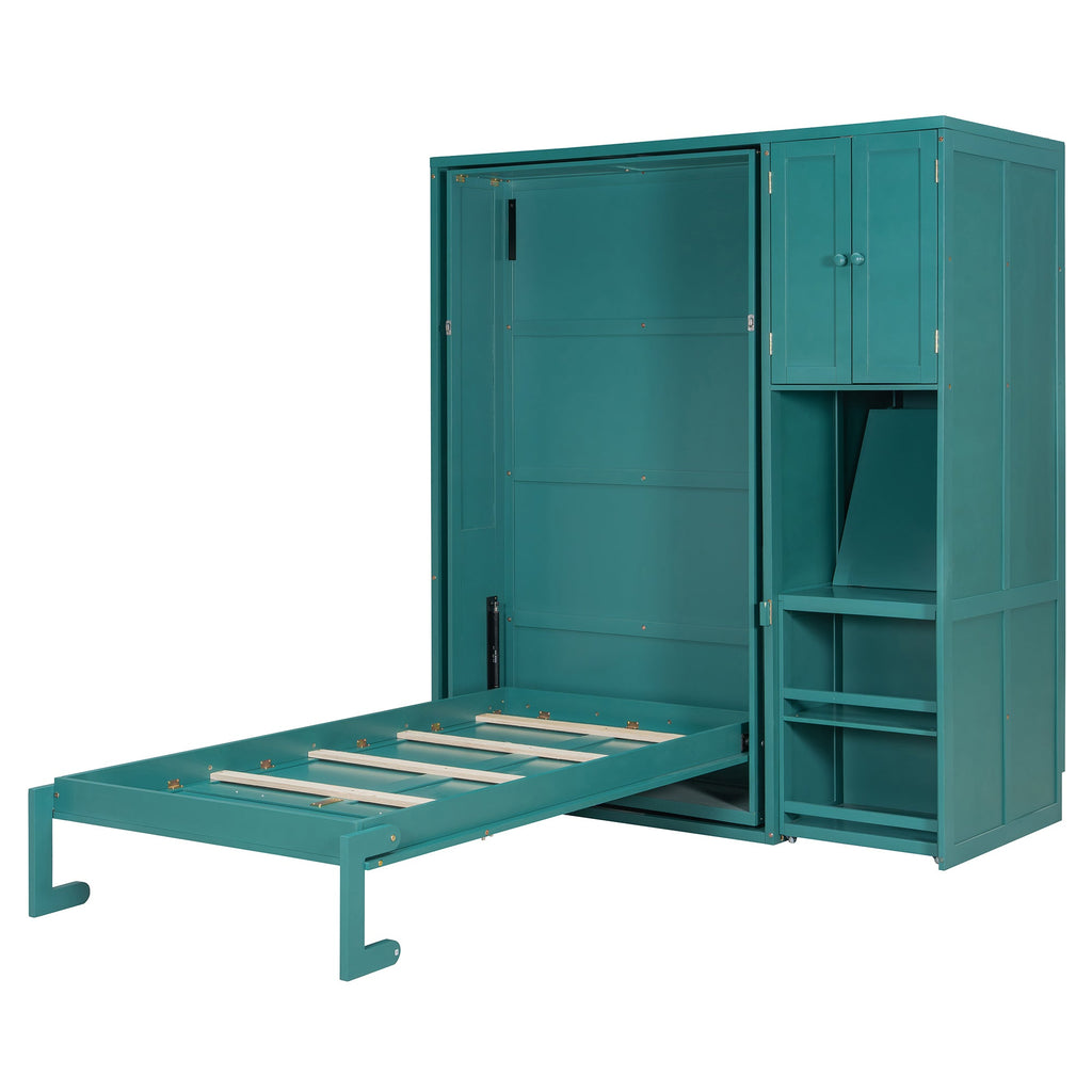 Twin Size Rotating Wall Murphy Beds with Bookshelf, Top Cabinet, Extendable Desk & Side Storage, Teal