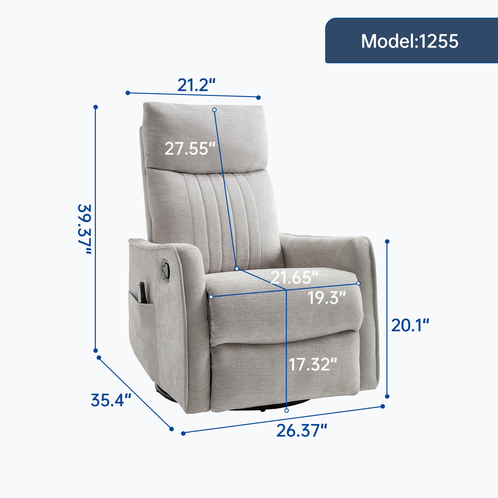 Light Grey Heat Massage Manual Recliner Chair with Rocker and Swivel in Fabric for Living Room
