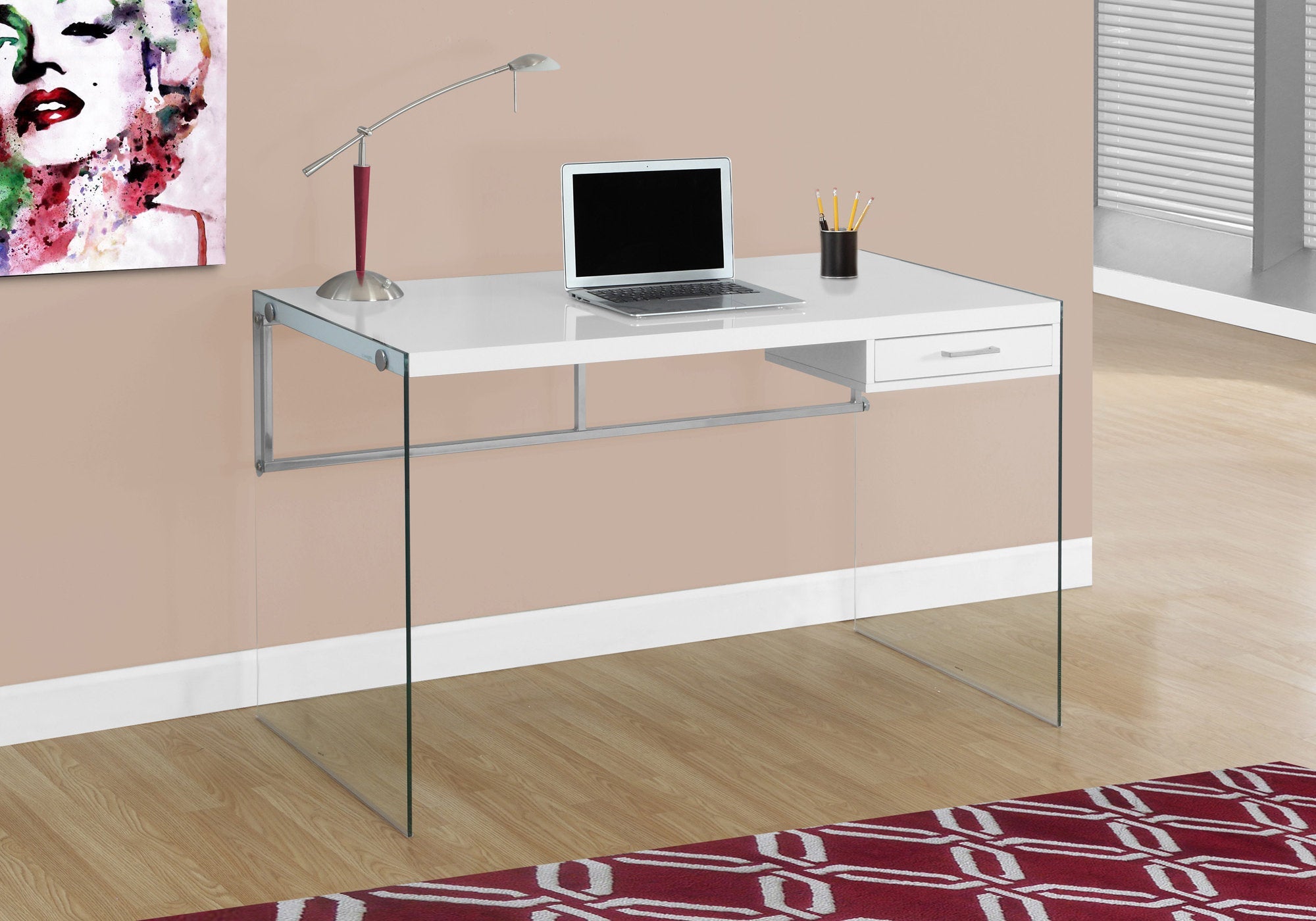 Computer Desk, Home Office, Laptop, Storage Drawers, 48'l, Work, Glossy White Laminate, Clear Tempered Glass, Contemporary, Modern