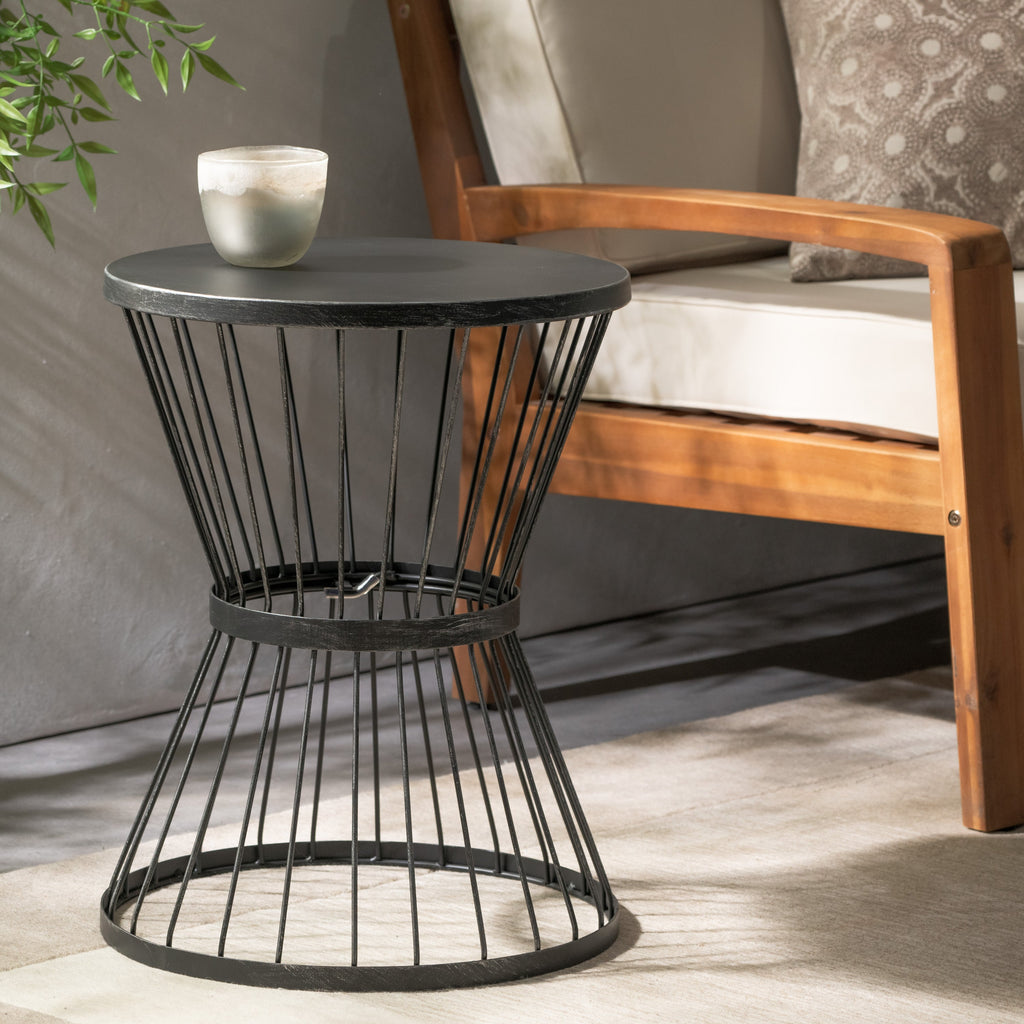 LASSEN Modern Outdoor Side Table with Hourglass Design in Matte Black Iron, 16.25 x 16.25 x 21 inches