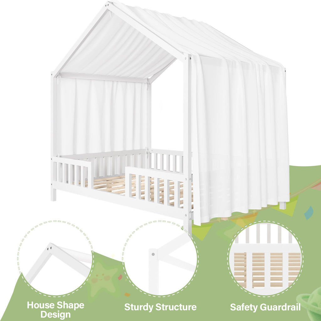 Montessori Floor Bed with Canopy, Full Bed Frame for Kids, House Shape Kids Bed Frame with High Railings, Wood Kids Bed with Roof, Kid Full Bed, White