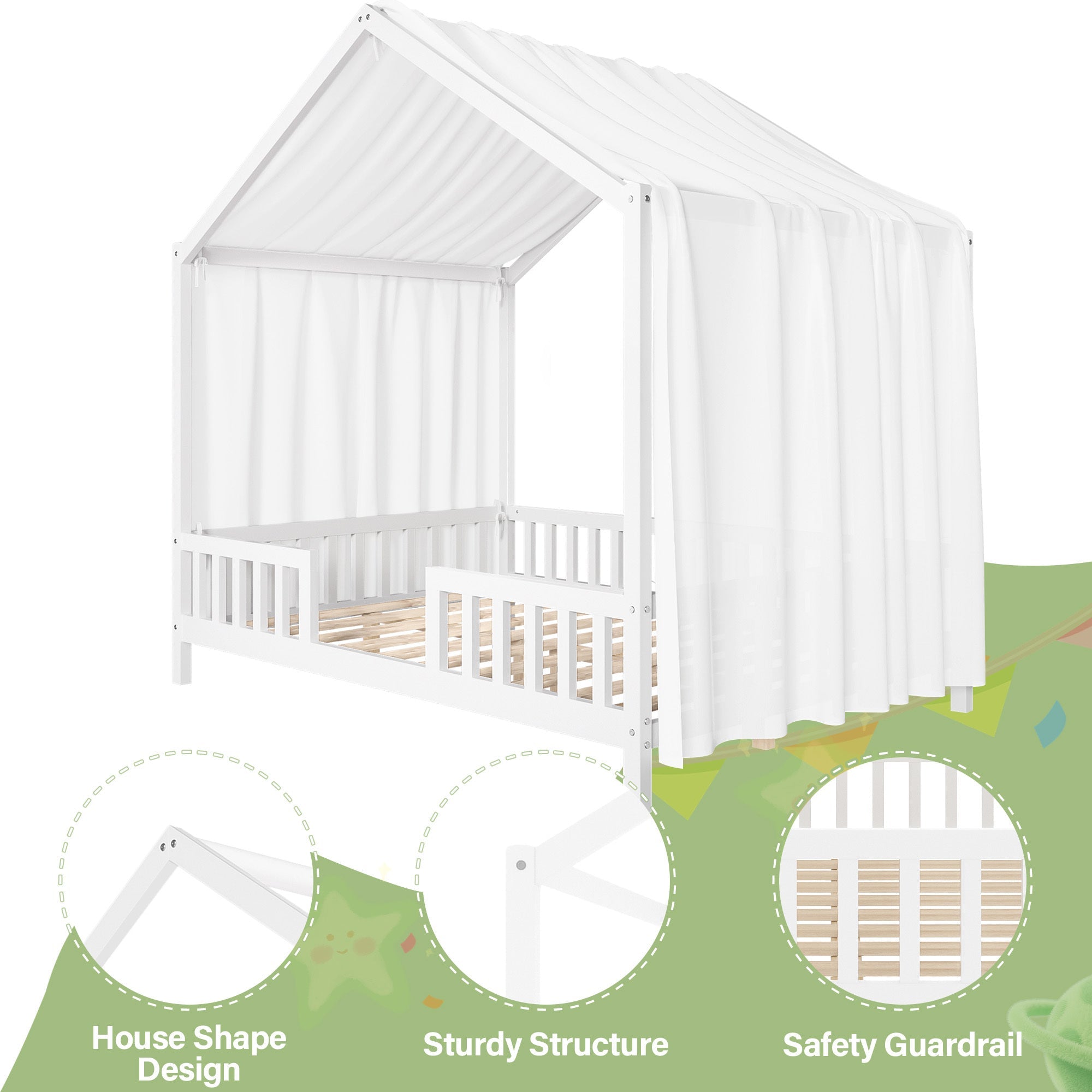 Montessori Floor Bed with Canopy, Full Bed Frame for Kids, House Shape Kids Bed Frame with High Railings, Wood Kids Bed with Roof, Kid Full Bed, White