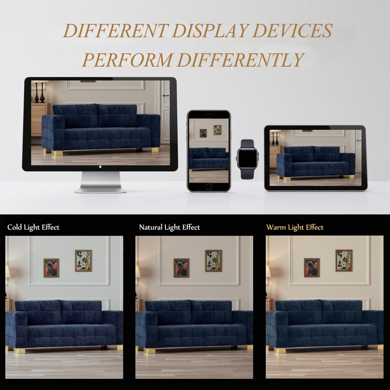 FX-P54-RB SOFA  Retro Blue Chenille Upholstered Couch, Wide-Arm 3-Seater with Custom Stainless-Steel Legs & Tufted Seat  Modern Living Room Sofa for Comfort & Style