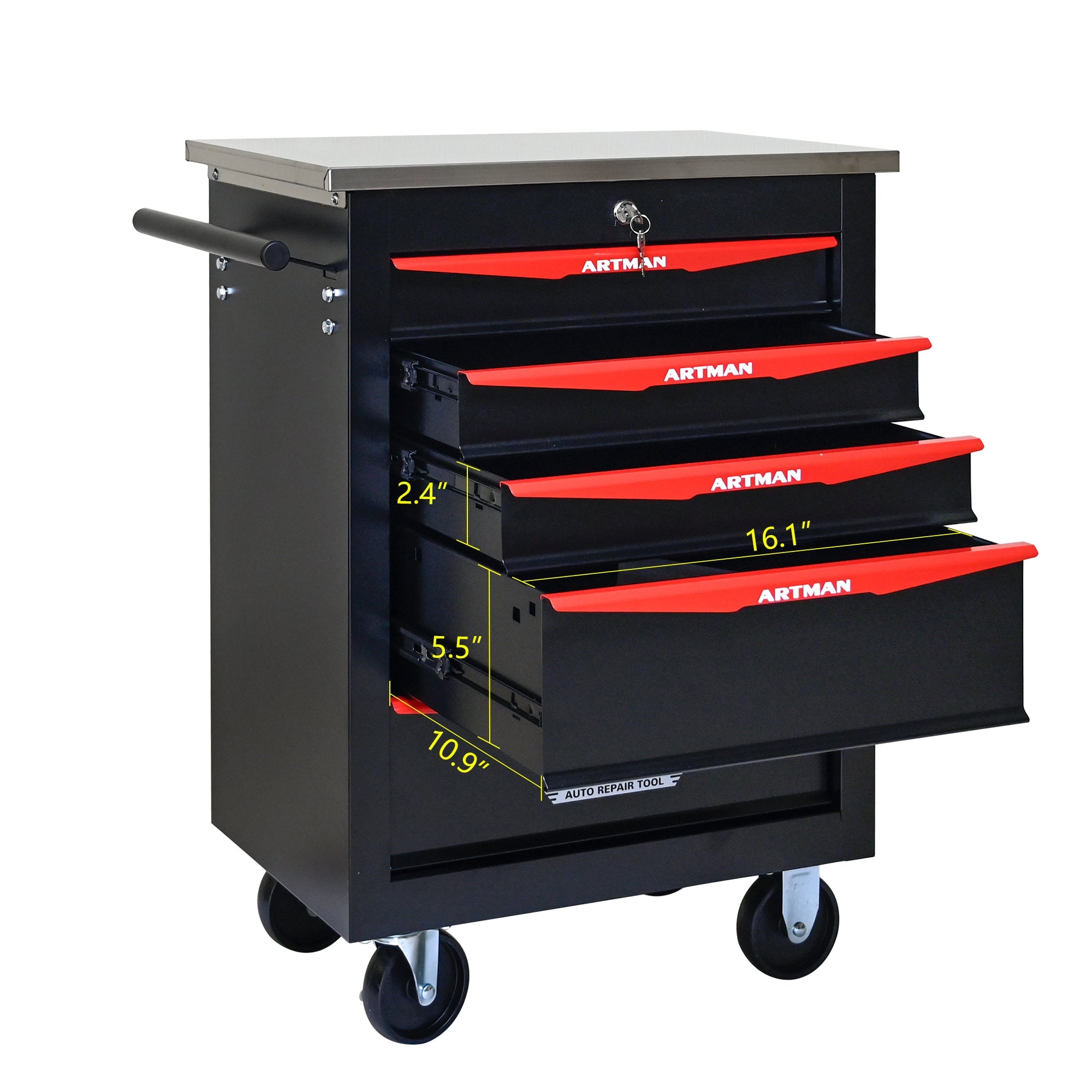 5-Drawer Multifunctional Tool Cart with Wheels, Metal Rolling Tool Cart Storage for Garage Workshop Warehouse Repair Shop - with Stainless Steel Roof - Black & Red