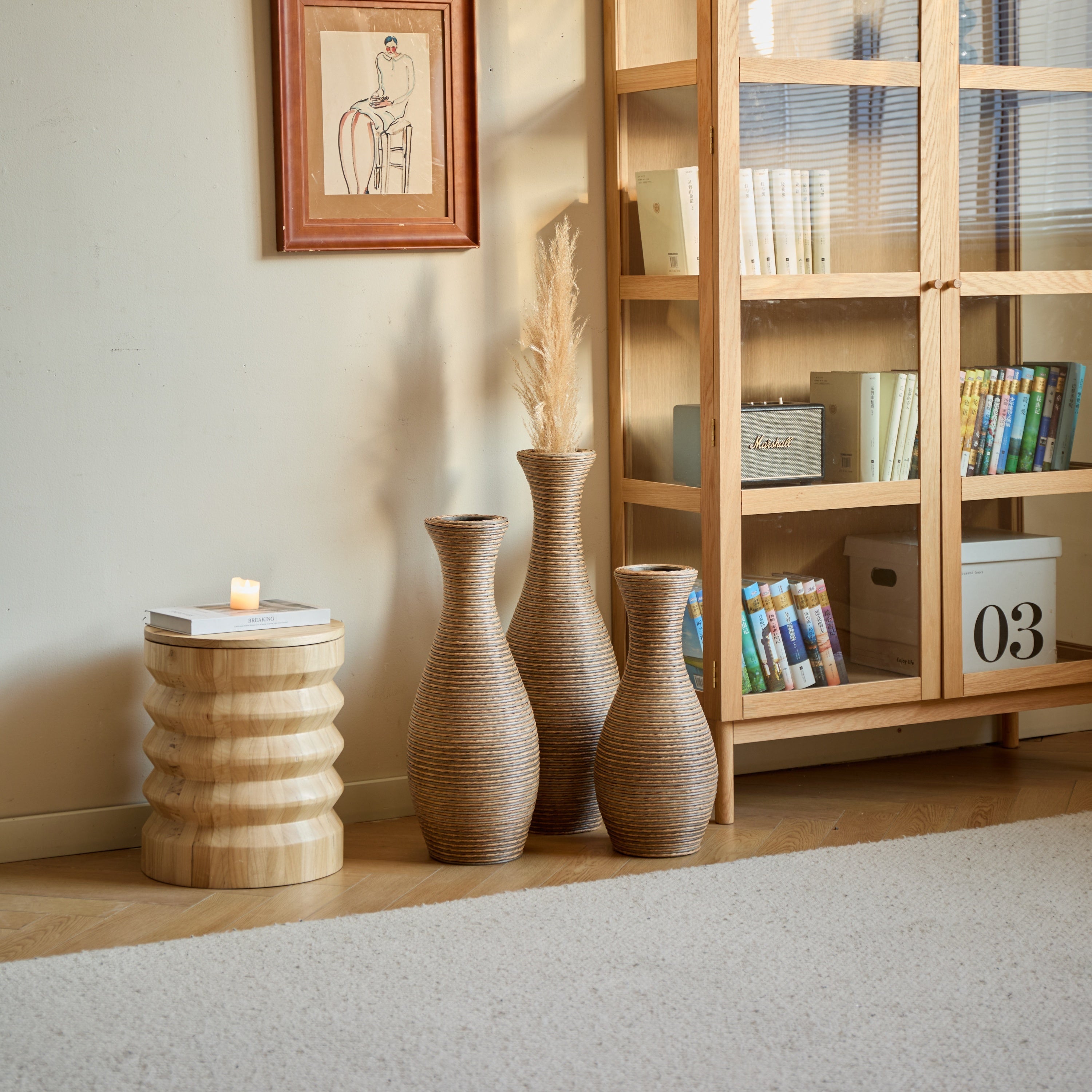 3-Piece Artificial Rattan Floor Vase Set – Decorative Accent for Living Room, Hallway & Entryway, Ideal for Dried or Silk Flower Arrangements, Beige