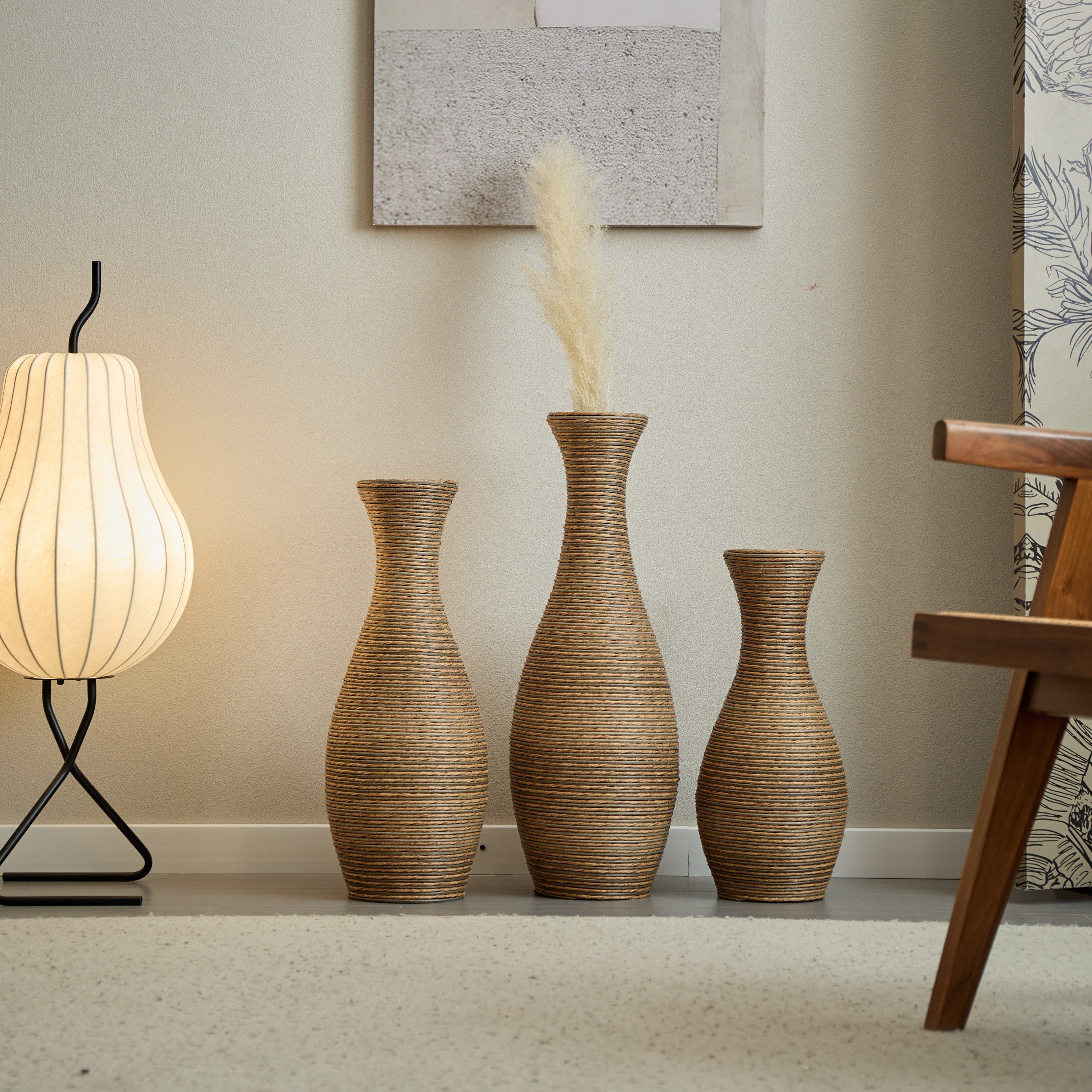 3-Piece Artificial Rattan Floor Vase Set – Decorative Accent for Living Room, Hallway & Entryway, Ideal for Dried or Silk Flower Arrangements, Beige