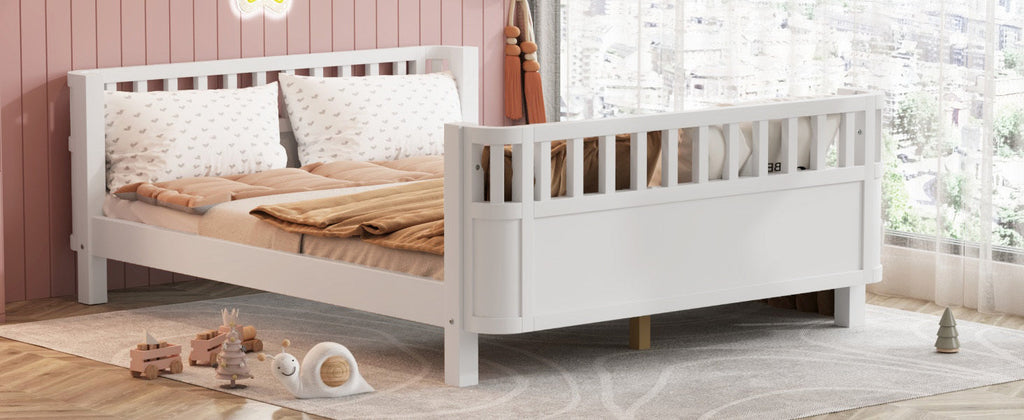 Full Size Wood Platform Bed for Kids, Wood Low Profile Full Bed with Rails for Girls and Boys, White (Patented Design, Old SKU W2593P233767)