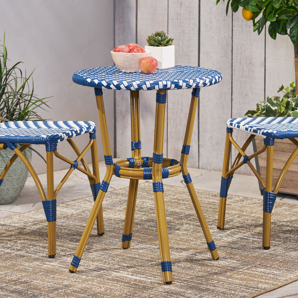 French Bistro Table Outdoor Elegance White+Blue Rattan 21.75x21.75x28.50 inches