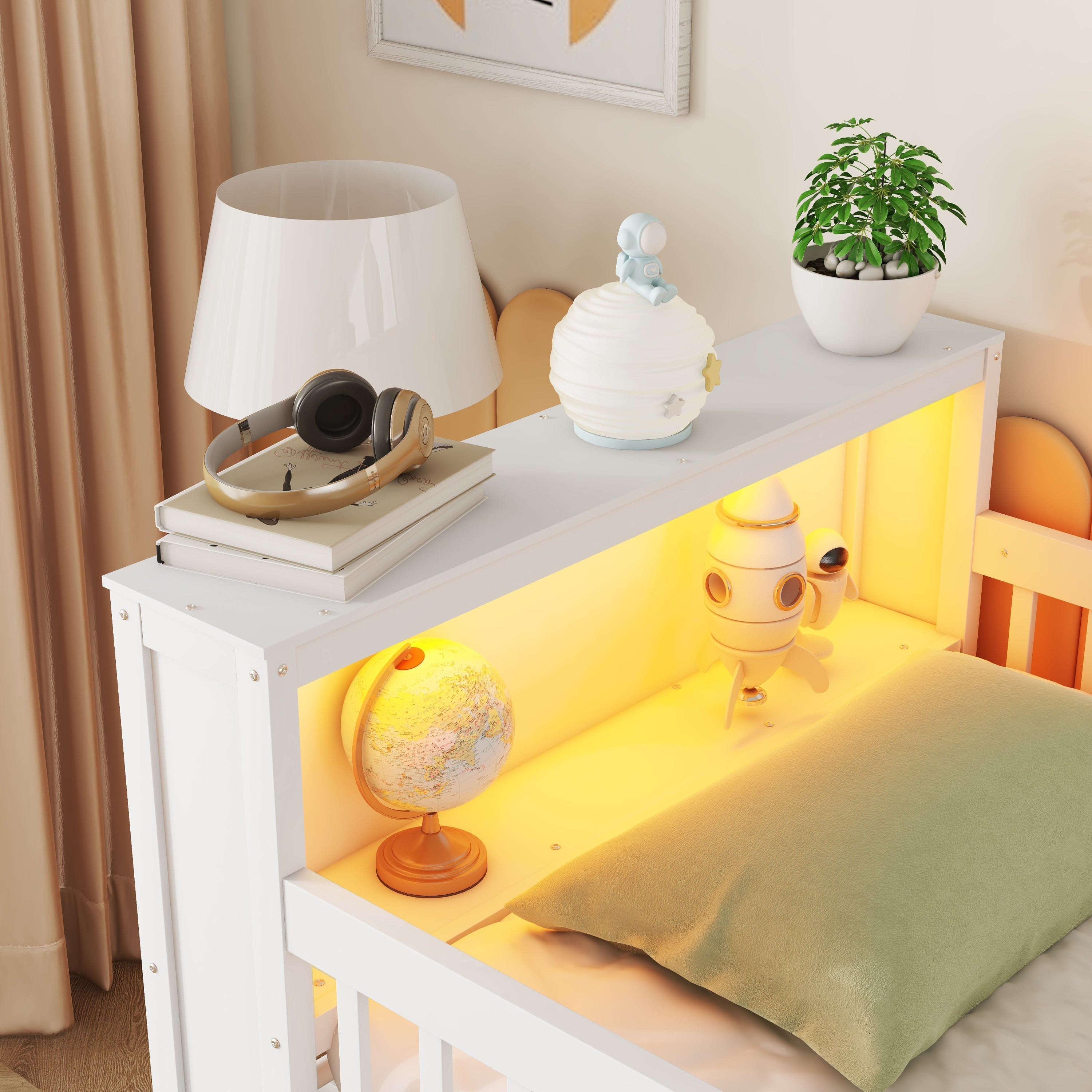 Twin Size Loft Bed with LED and Bookshelf, Wood Low Loft Bed with Stairs, Kids Twin Loft Bed with Storage Drawers and Shelves,White (Expect Arrival Date 2025/1/20)
