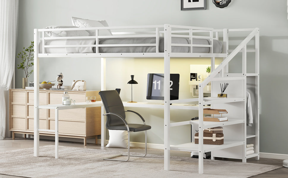 Queen Size Loft Bed with L-shaped Desk and USB, Metal Loft Bed with Wardrobe and Adjustable Shelf, High Loft Bed with LED for Kids Teens Adults, White