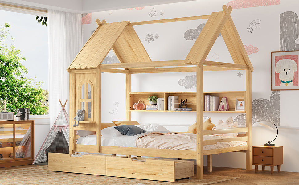 Full house Beds with Storage Drawers and Window, Solid Wood House Platform Bed Frame with shelves, for Kids, Girls, Boys, No Spring Box Needed and Childlike Design, Natural