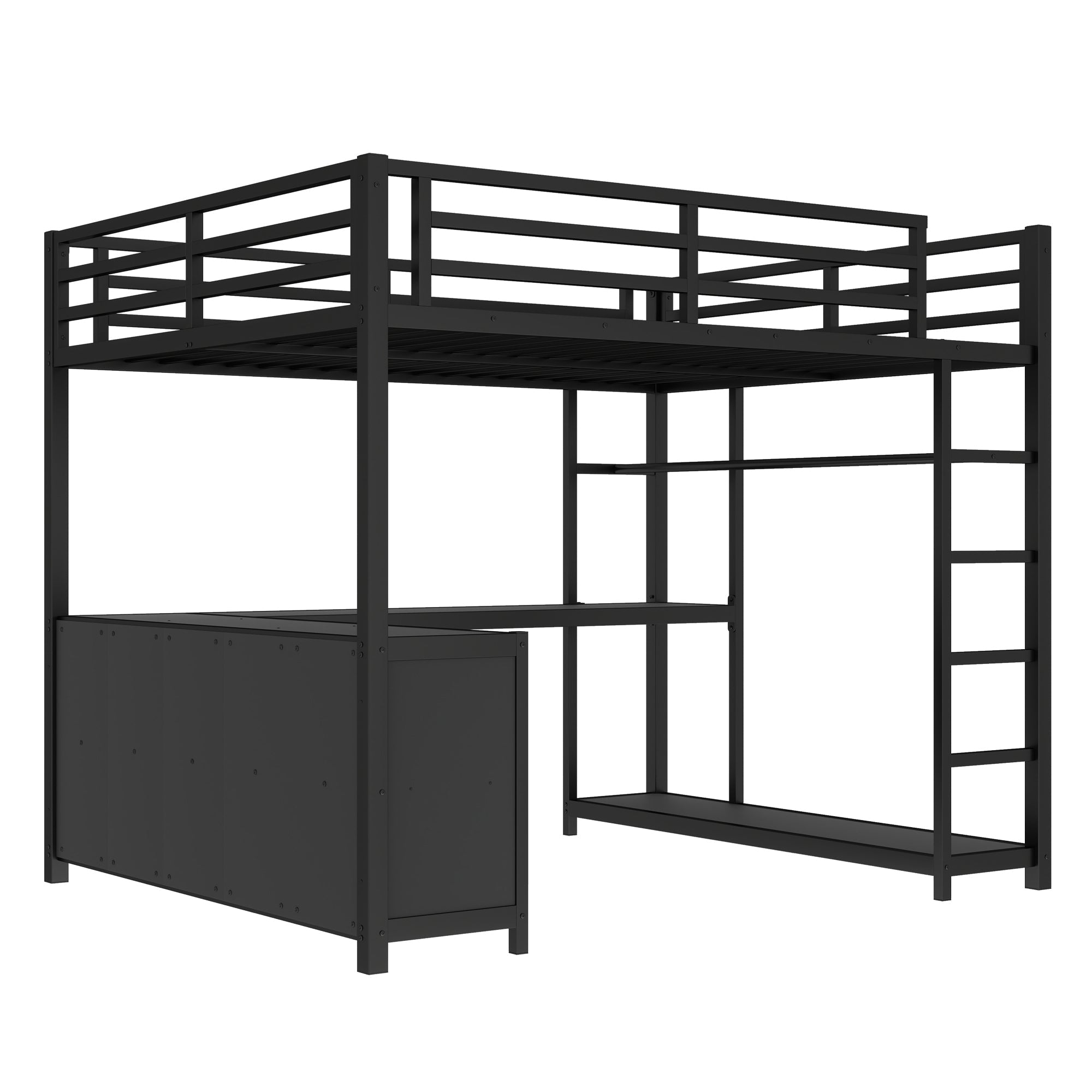 Metal Loft Bed with Wardrobe and L-shaped Desk, Queen Size Loft Bed with Storage Cubes and Shelves, Loft Bed for Kids Teens Adults, Black
