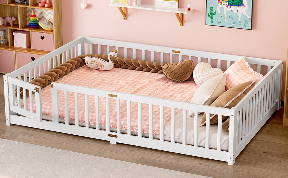 Queen Size Bed Floor Bed with Safety Guardrails and Door for Kids, White(Old SKU:  W1580P154628 )