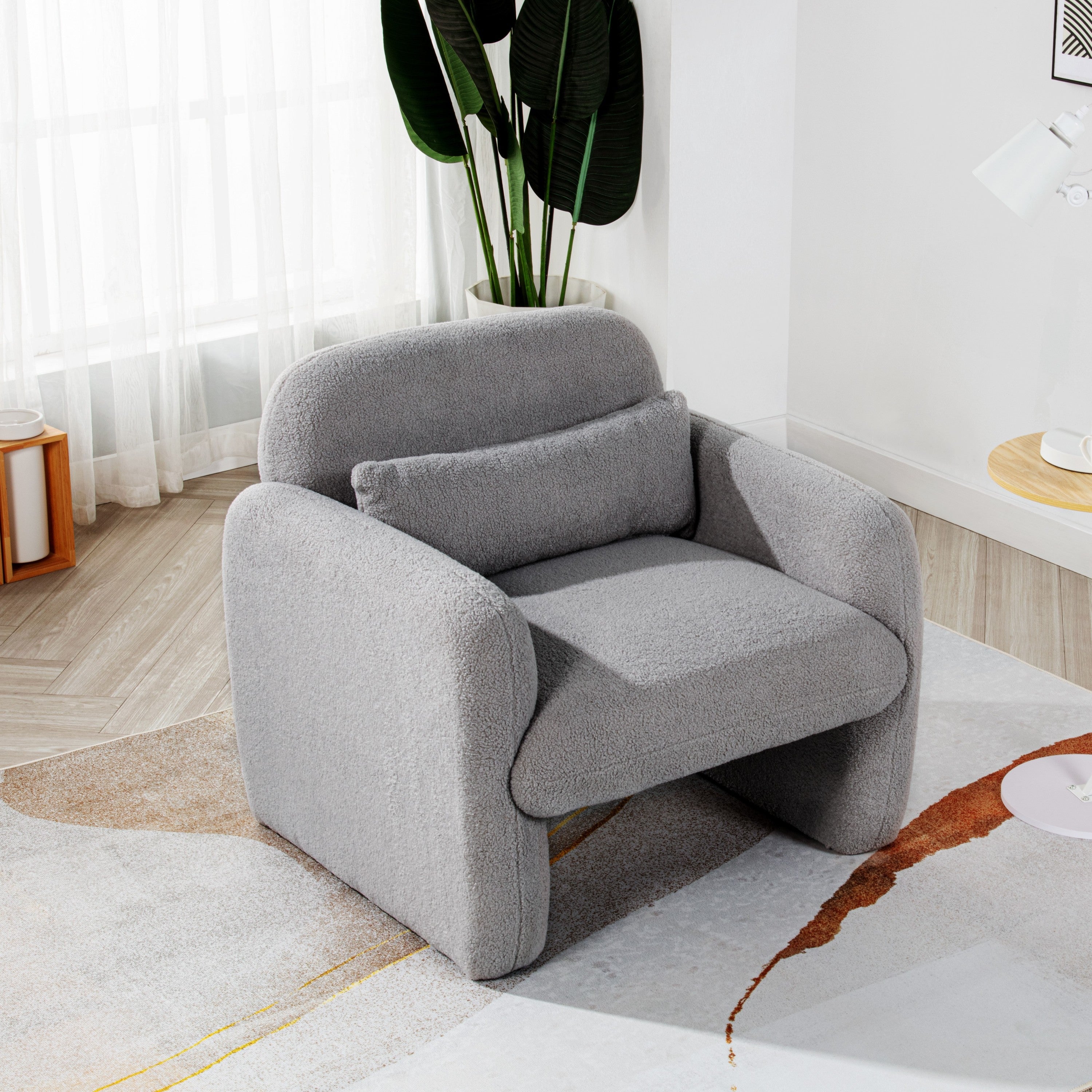 Stylish and Minimalist Teddy Fleece Single Sofa Chair with Arms and Pillow, Armchair, Accent Chair for Living Room, Bedroom, Study,Grey