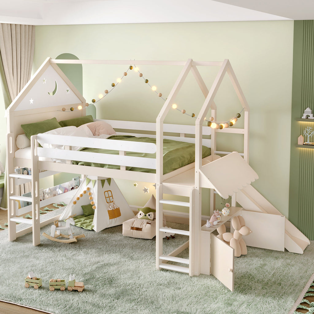 Full Size Loft Bed with Bookshelf Playful Design for Kids House-Shaped Structure with Slide High-Quality Safety Rails,Beige