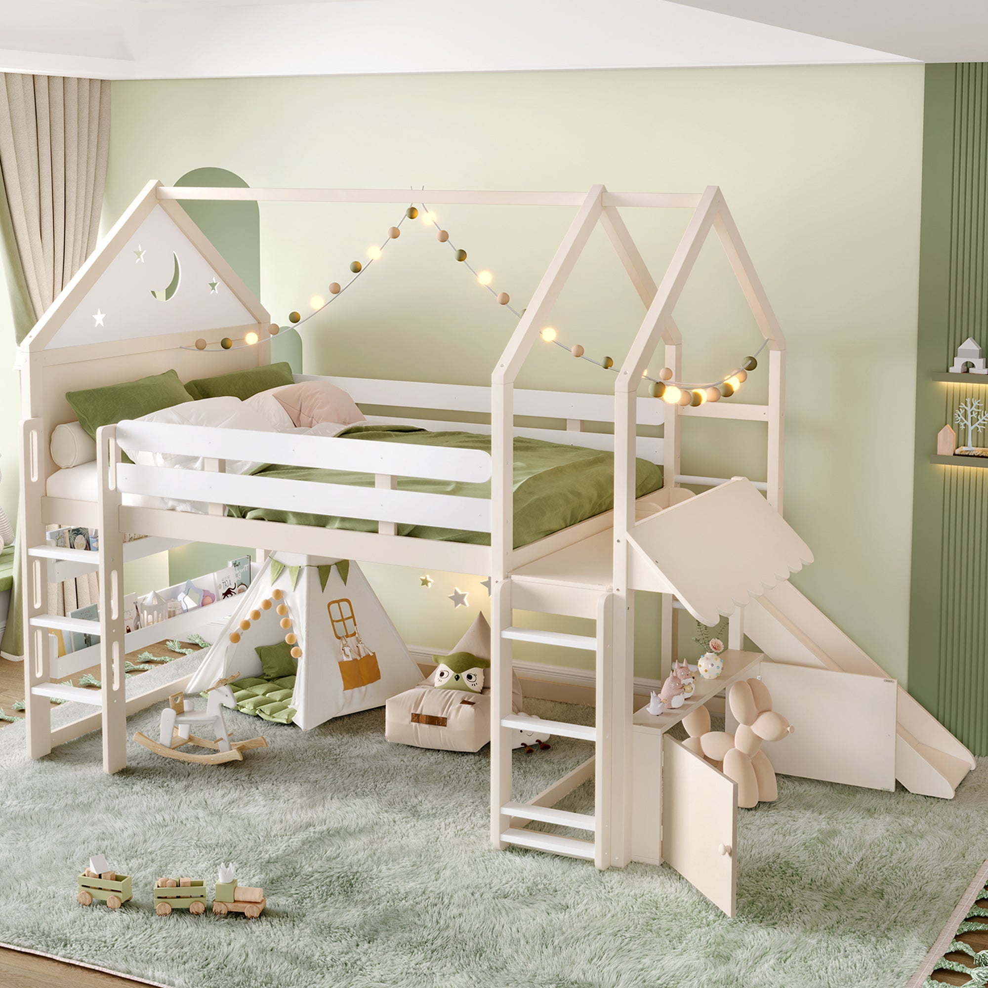 Full Size Loft Bed with Bookshelf Playful Design for Kids House-Shaped Structure with Slide High-Quality Safety Rails,Beige