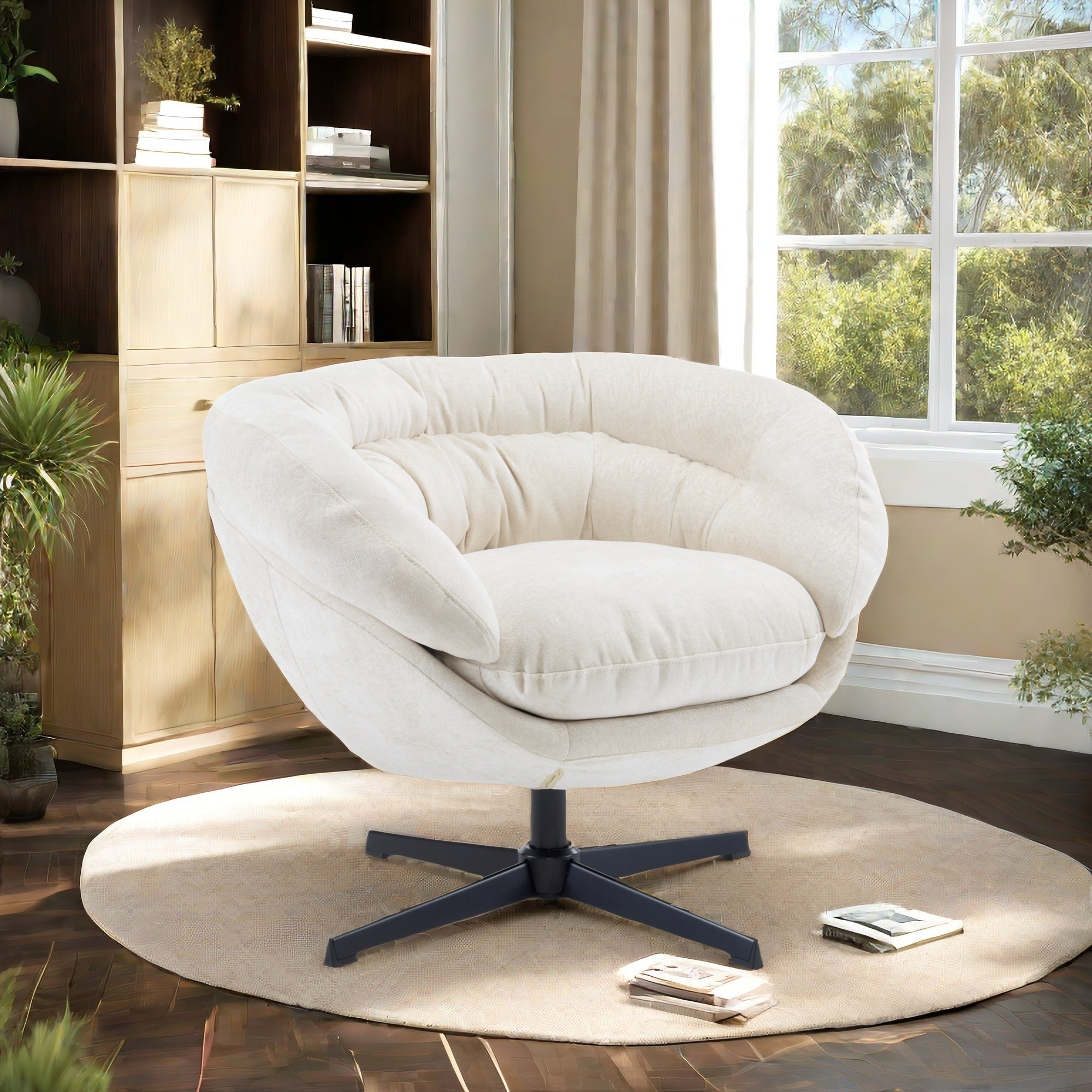 Modern Chenille Office Chair, 360° Swivel Club Chair/Accent Chair with Removable Cushion, Round Office Chair, Black Metal Base, Cotton Material, Living Room, Bedroom, Reading Corner, Office (Beige)