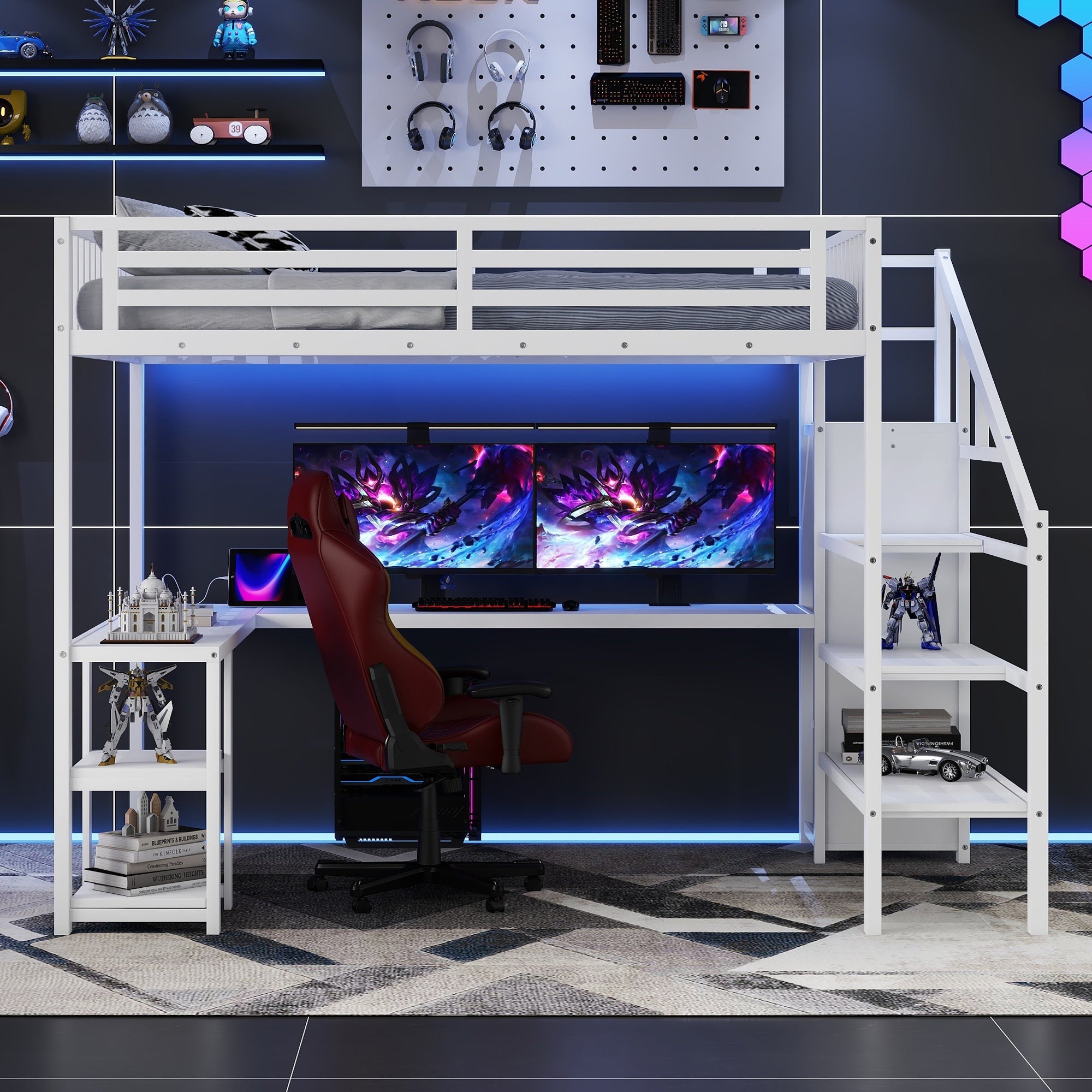 Metal Queen Loft Bed with Wardrobe and LED Light, Queen Size Loft Bed with L Shaped Desk and USB for Kids Teens Adults, White