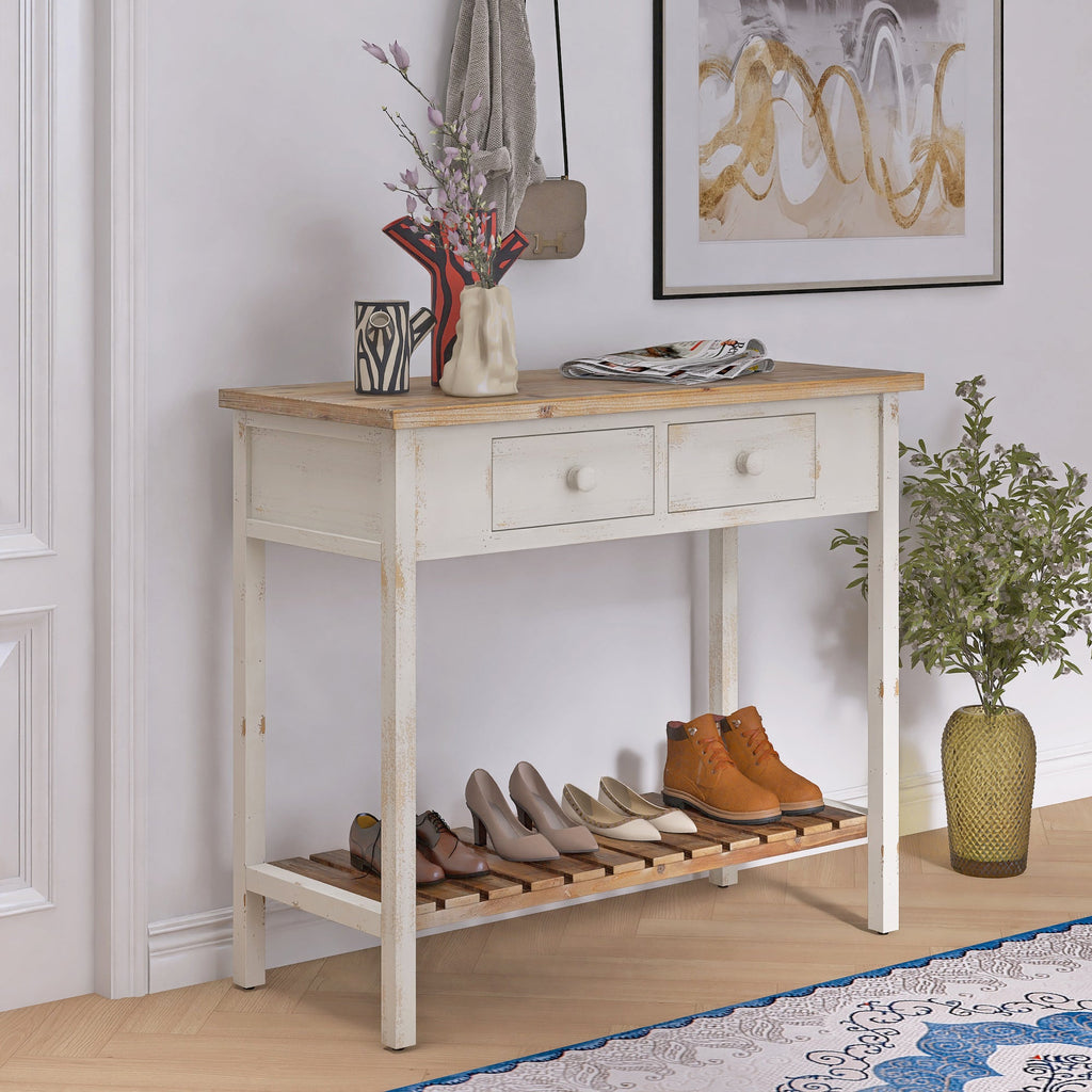 Vintage Two - Drawer Console Table with Open Shelf, Distressed Finish for Entryway & Living Room