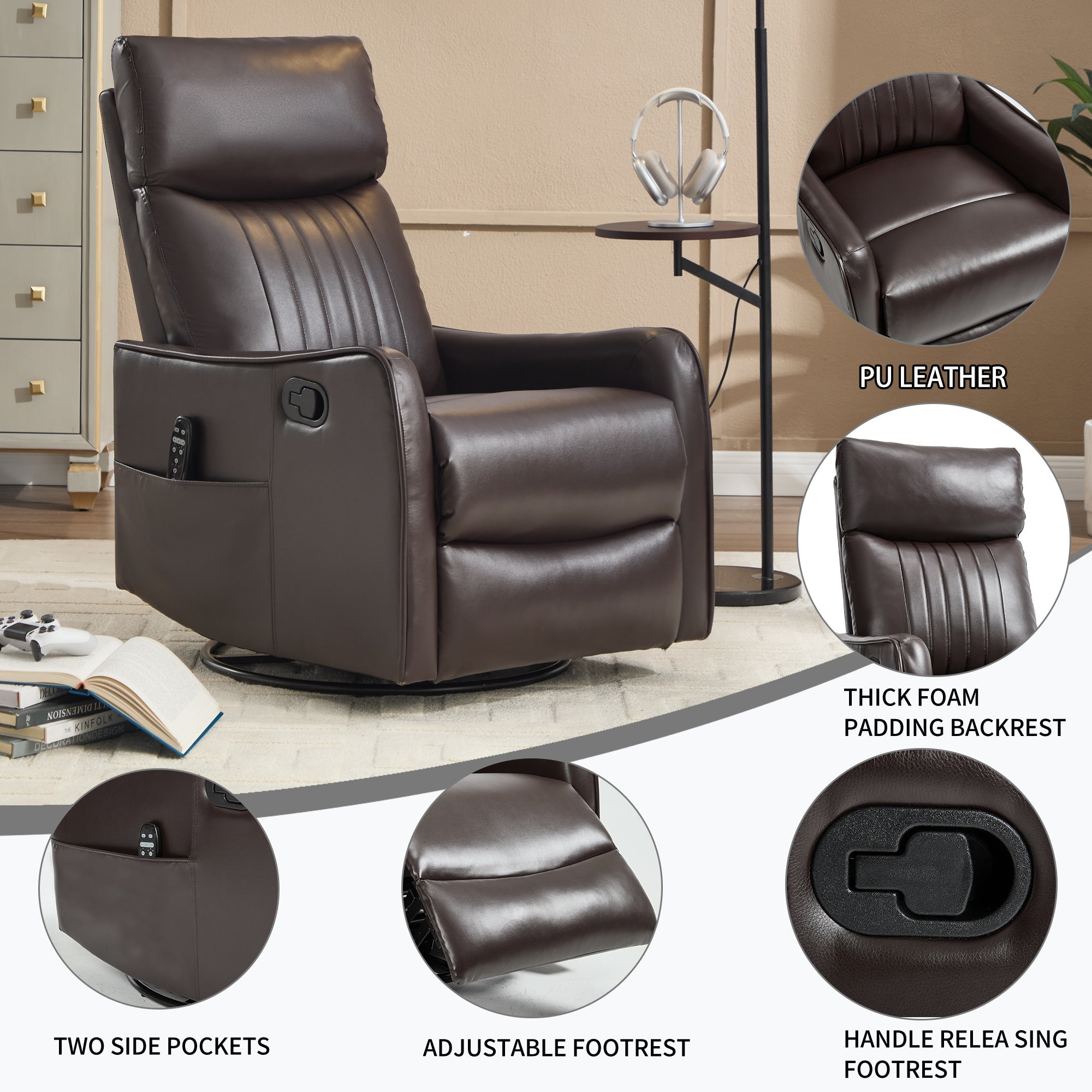 Brown Faux Leather Heat Massage Manual Recliner Chair with Rocker and Swivel for Living Room
