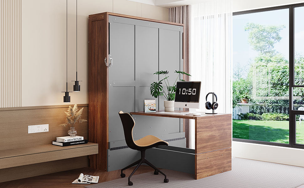 Full Size Murphy Bed with Foldable Desk – Space Saving Wall Bed - Walnut & Gray