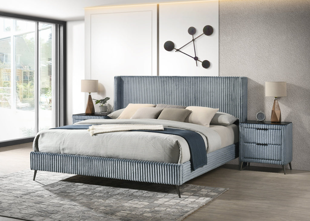 Mavela Wide Wale Corduroy Upholstery Panel King Bed with 2 Nightstands and Bench, Blue