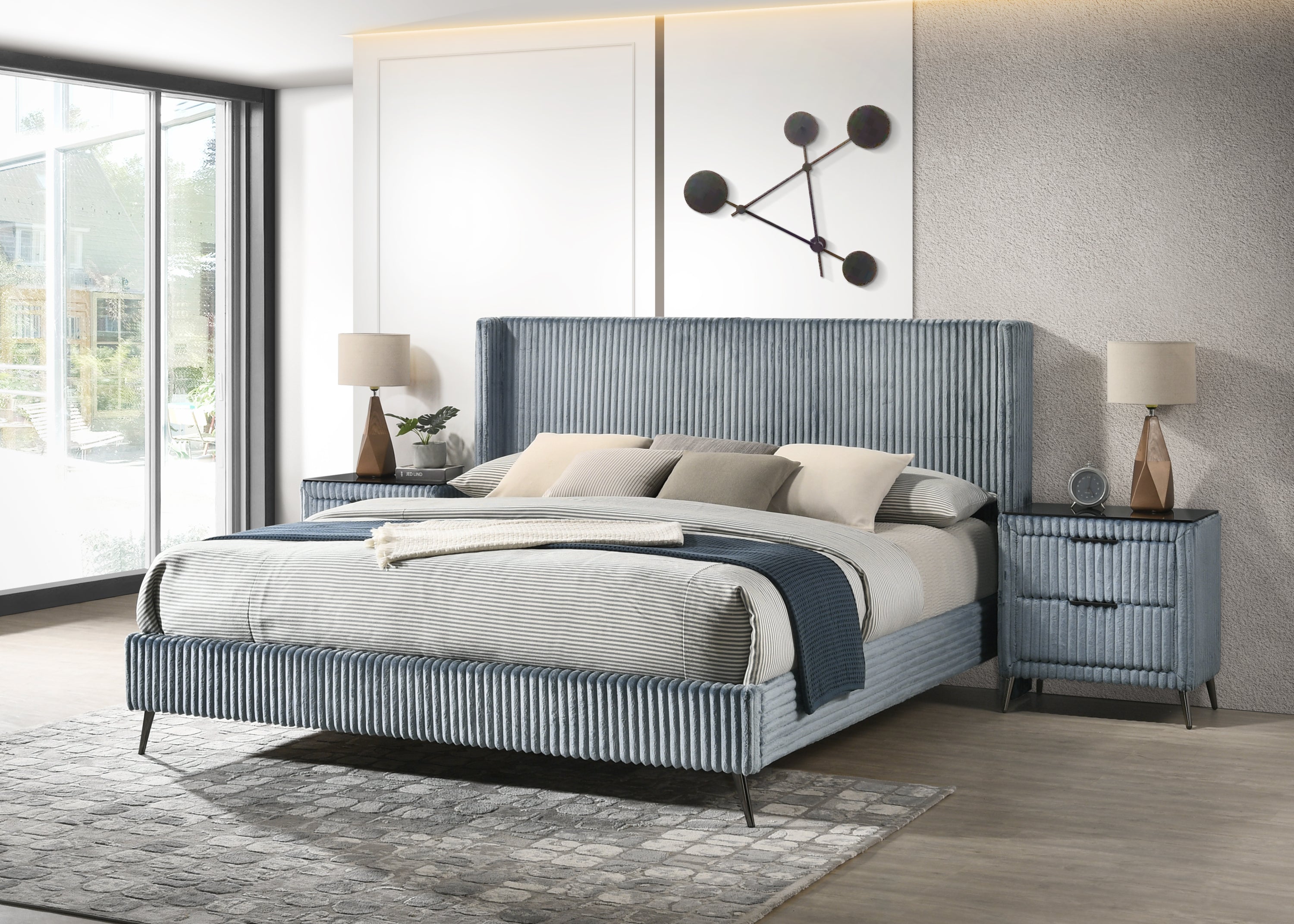 Mavela Wide Wale Corduroy Upholstery Panel King Bed with 2 Nightstands and Bench, Blue