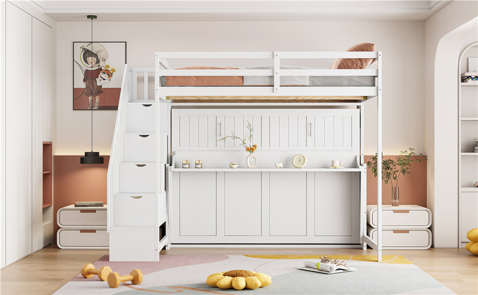 Full Over Full Size Murphy Bed with Hydraulic Lift & Desk Design, White
