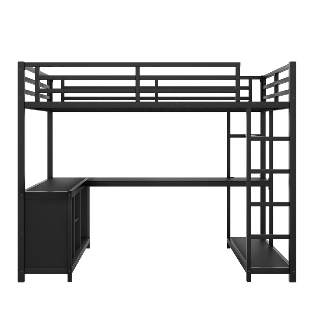 Metal Loft Bed with Wardrobe and L-shaped Desk, Twin XL Size Loft Bed with Storage Cubes and Shelves, Loft Bed for Kids Teens Adults, Black