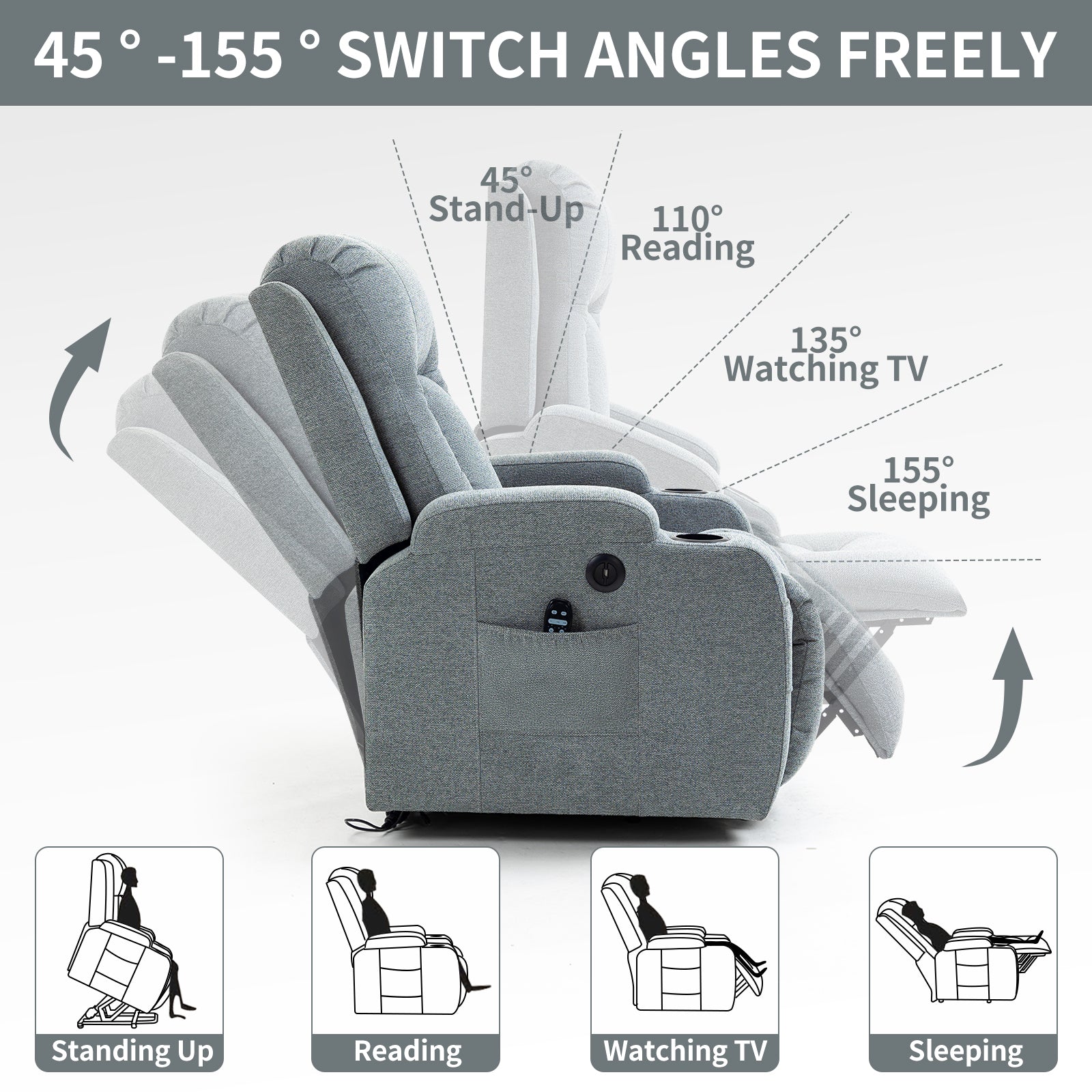 Infinite Position Single Motor Up to 350 LBS Power Lift Recliner Chair for Elderly, Heavy Duty Motion Mechanism with 8-Point Vibration Massage and Lumbar Heating, USB Charging Port, Cup Holders, Grey