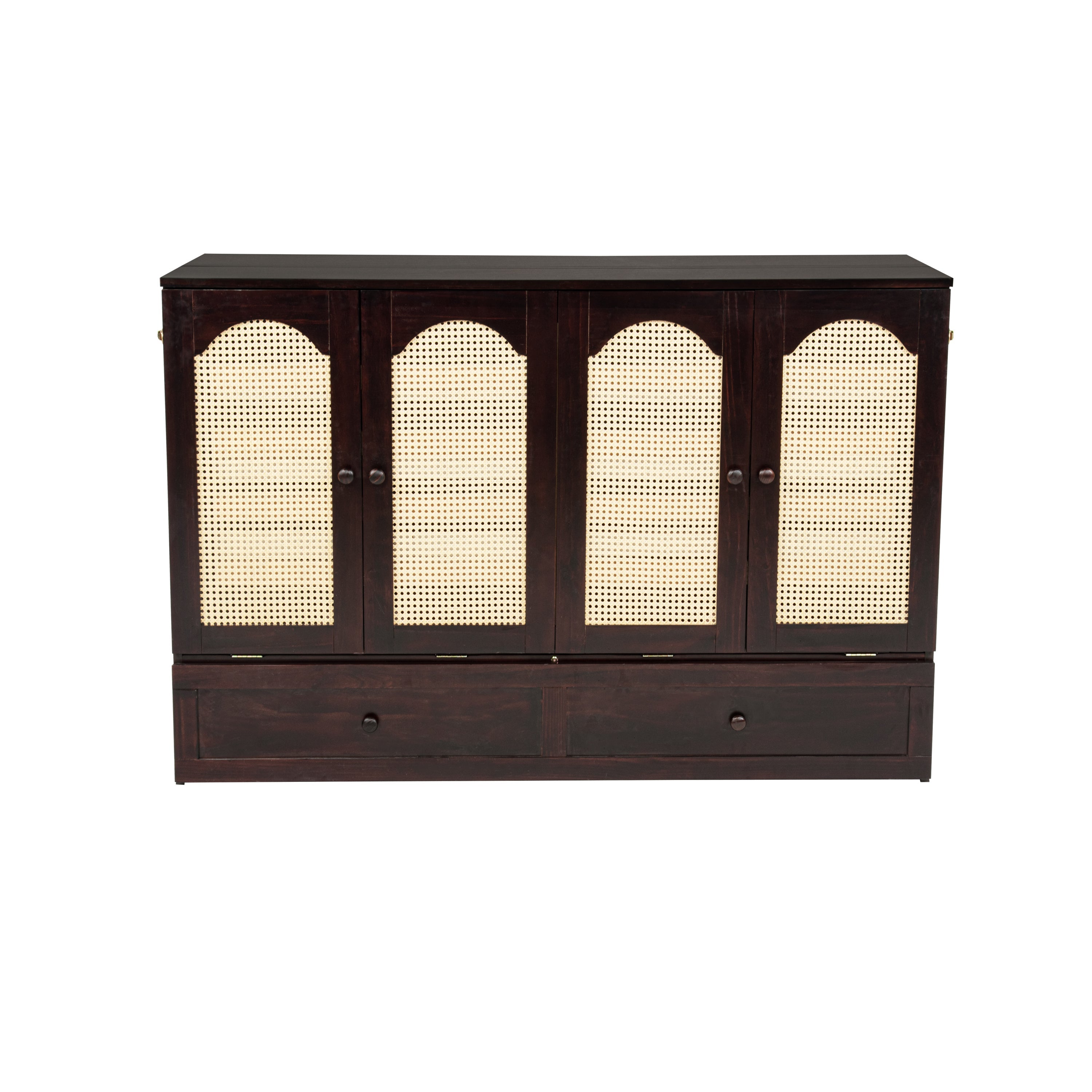 Queen Size Murphy Bed, Pine Wood Cabinet Bed with Power Station and Rattan Decoration Panel,Espresso