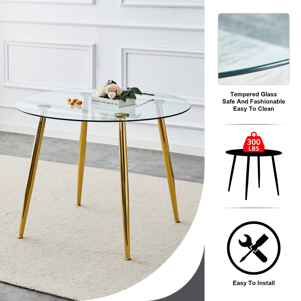 A glass tabletop with a diameter of 40 inches and a modern minimalist circular dining table with gold plated metal legs. 40 '* 40' * 30 ' DT-1164.W1151S00375