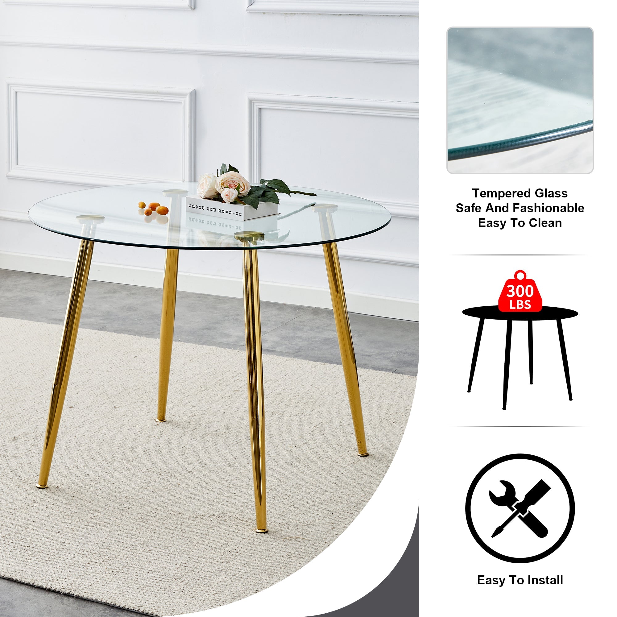 A glass tabletop with a diameter of 40 inches and a modern minimalist circular dining table with gold plated metal legs. 40 '* 40' * 30 ' DT-1164.W1151S00375
